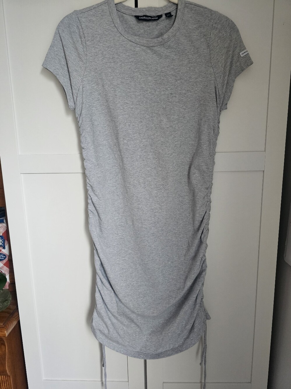 Calvin Klein Jeans Heather Grey Ruched Side Drawstring T-Shirt Mini Dress Size S